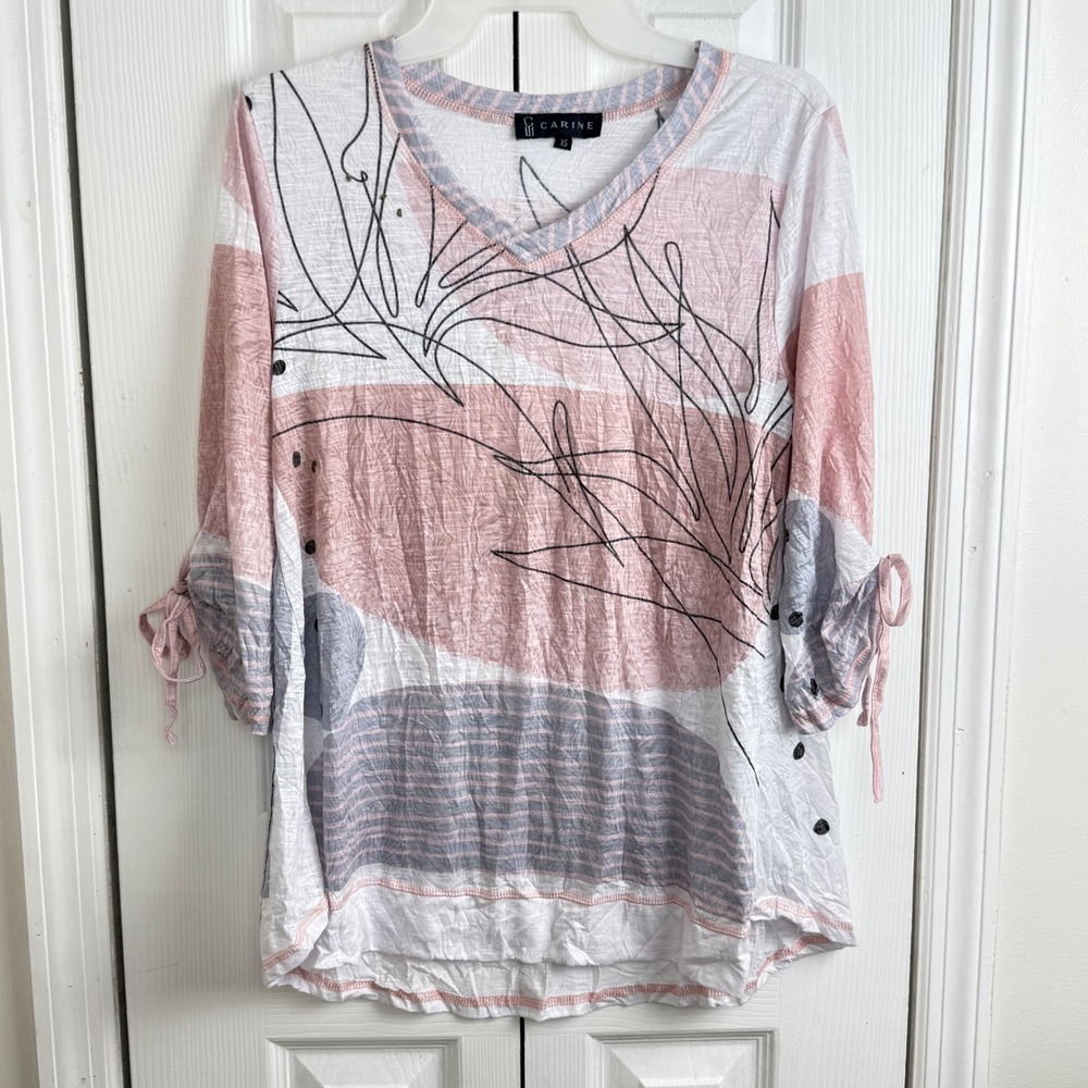 Carine Abstract Botanical V-Neck Top XS Pink Grey‎ Boho Tie Sleeve Slub Knit